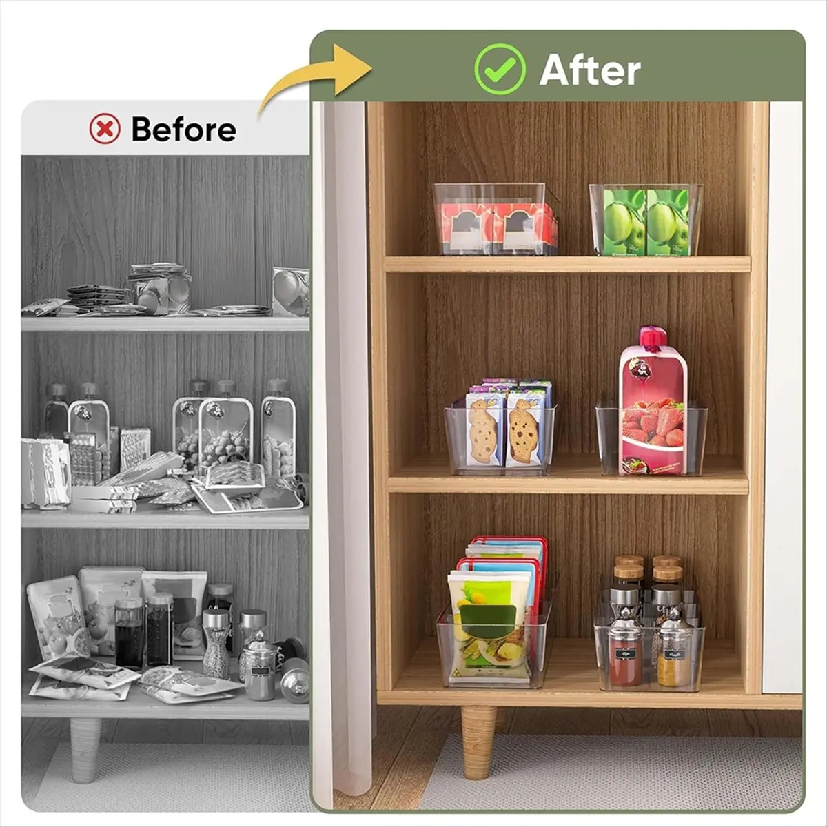 A08I Pantry Organizers and Storage Bins,Plastic Clear Storage Bins with 3 Removable Dividers,BPA-Free Fridge Organizers