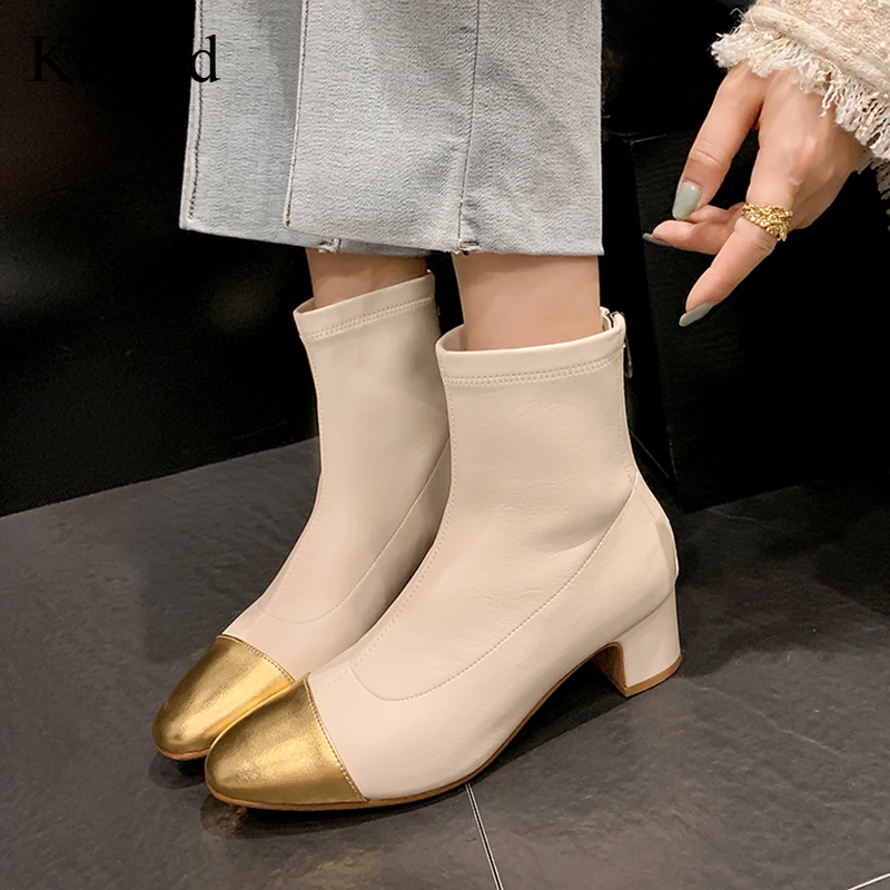 Kcenid High Quality Stretch Slim Ankle Boots Women Gold Round Toe Square Heeled Women's Boots Zipper Ladies Shoes Autumn Winter