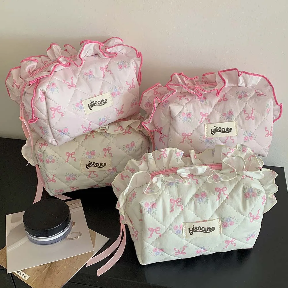 Bolsa de cosméticos con lazo, estuche de almacenamiento de escritorio, bolsa de papelería con lazo, estuche para lápices estilo coreano con borde arrugado rosa/blanco