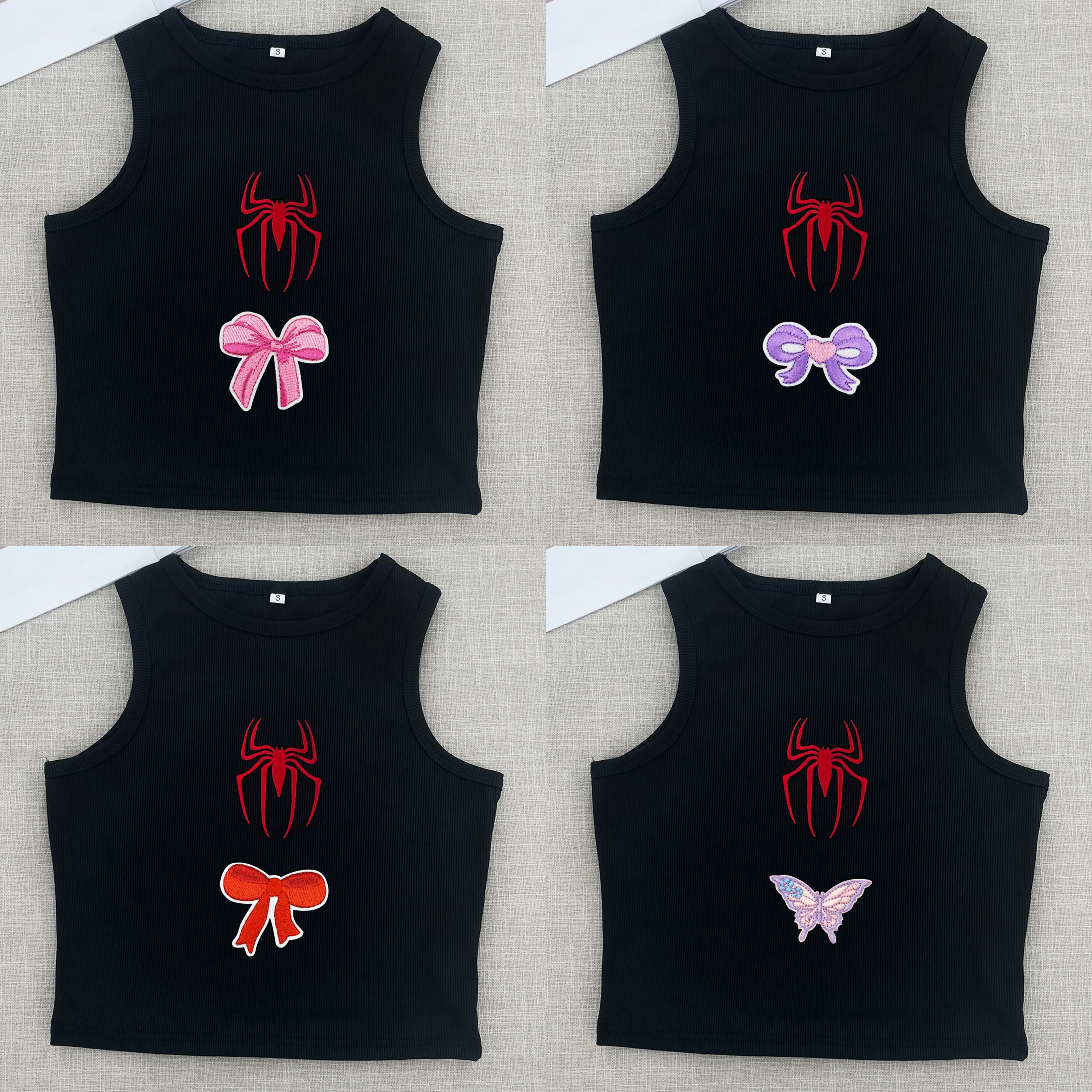 

Y2k Black Crop Tops Embroidery Cute Butterfly Bow Tie Sexy Sleeveless Women Clothes Harajuku Tank Top Casual Round Neck 2025 New