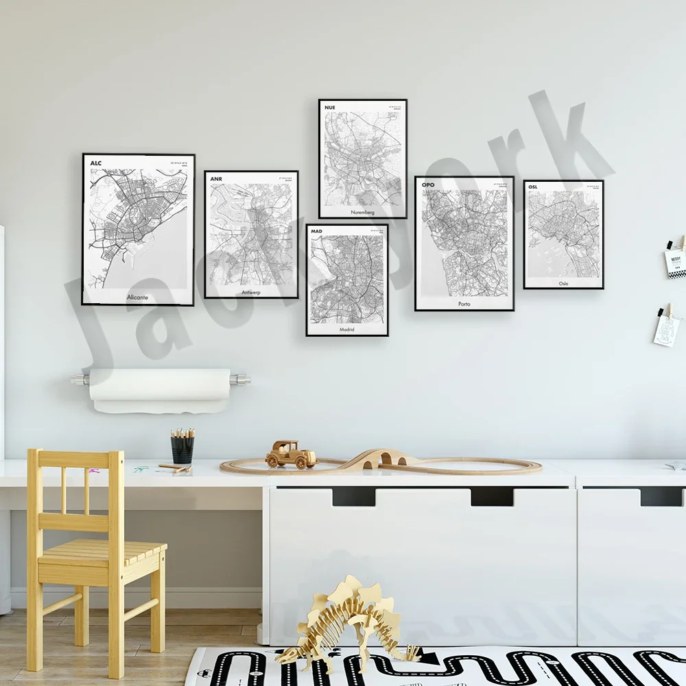 أوسلو النرويج، أليكانتي إسبانيا، لورونيا، سيبيو رومانيا، ألمانيا نوريمبرغ، ألمانيا ثيسالونيكي اليونان، بورتو البرتغال، ملصق خريطة مدريد