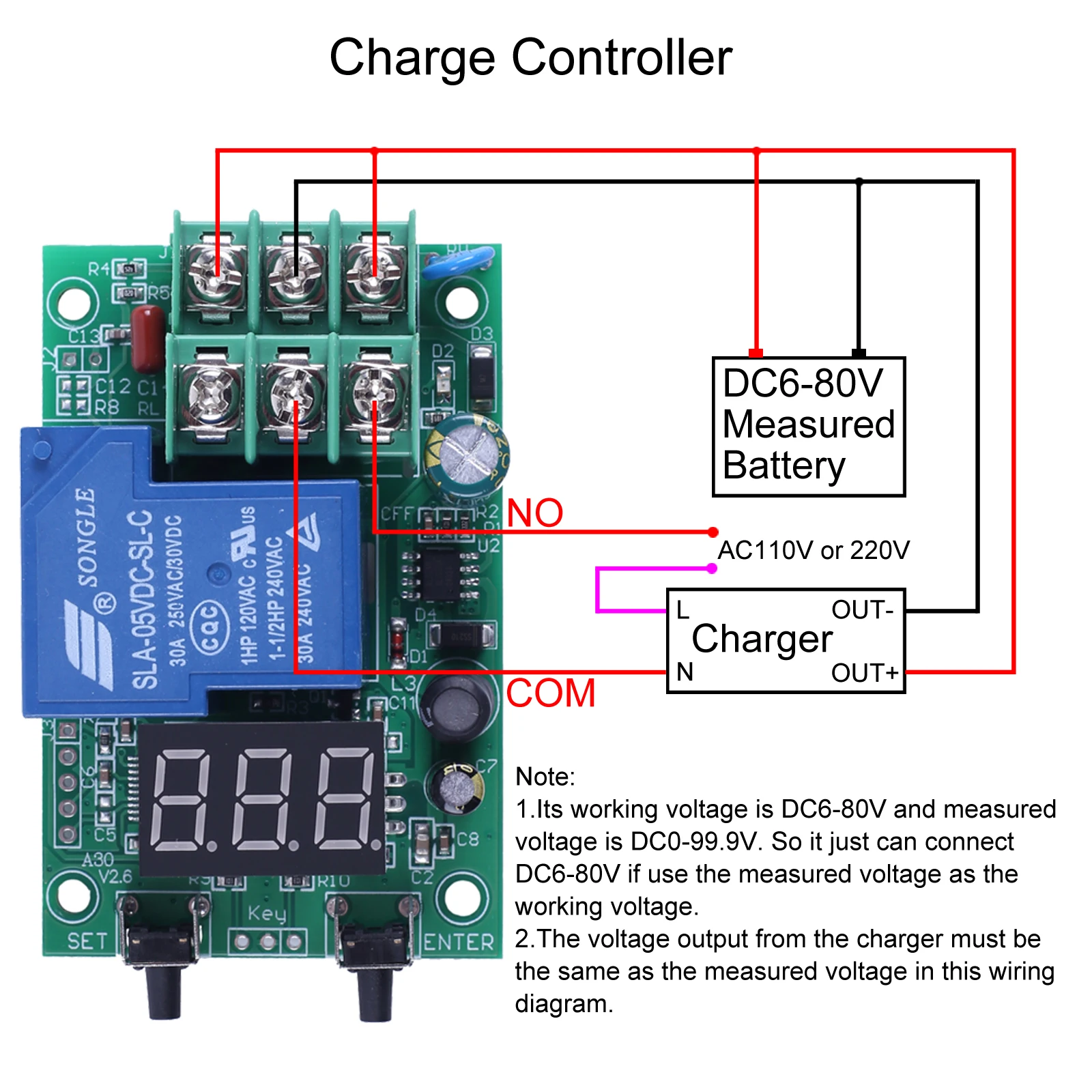 DC6-80V Relay Switch Controller Module Voltage Detection Charging Discharge Monitor with Case Digital Display DC0-99.9V Measured