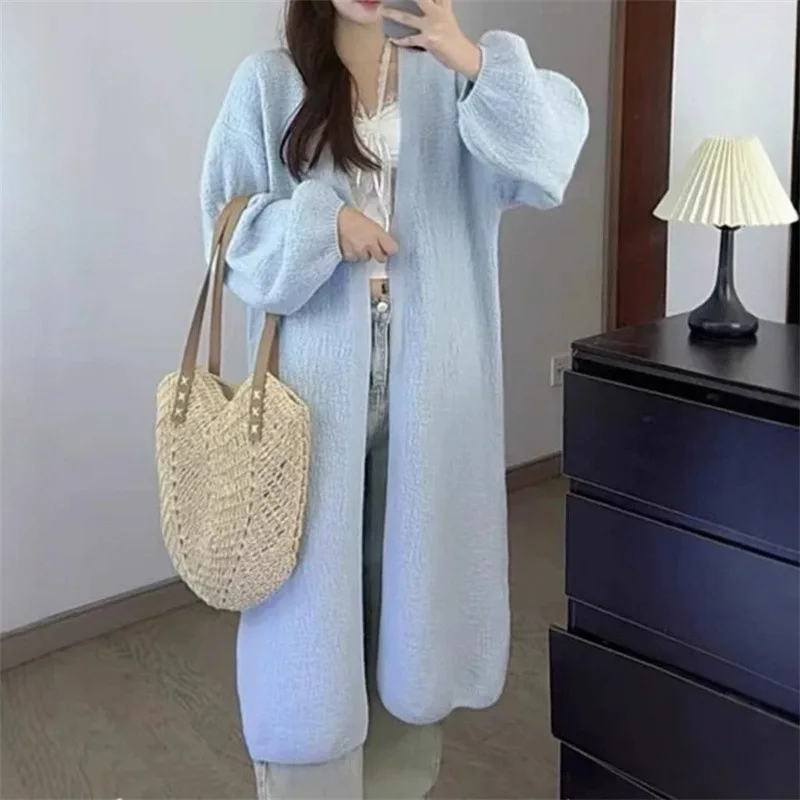 Women Knitted Cardigan Sweaters Mid Length Solid Jumpers Round Collar Puff Sleeves Loose Open Stitch Casual 2025 Autumn Winter