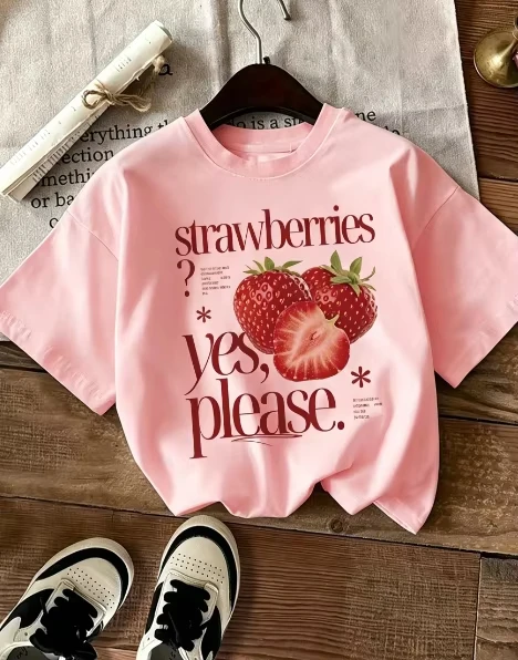 Strawberries Letter Strawberry Print Short Sleeve Crew Neck T-shirt Summer Short Sleeved Harajuku Streetwear Aesthetic Clothe