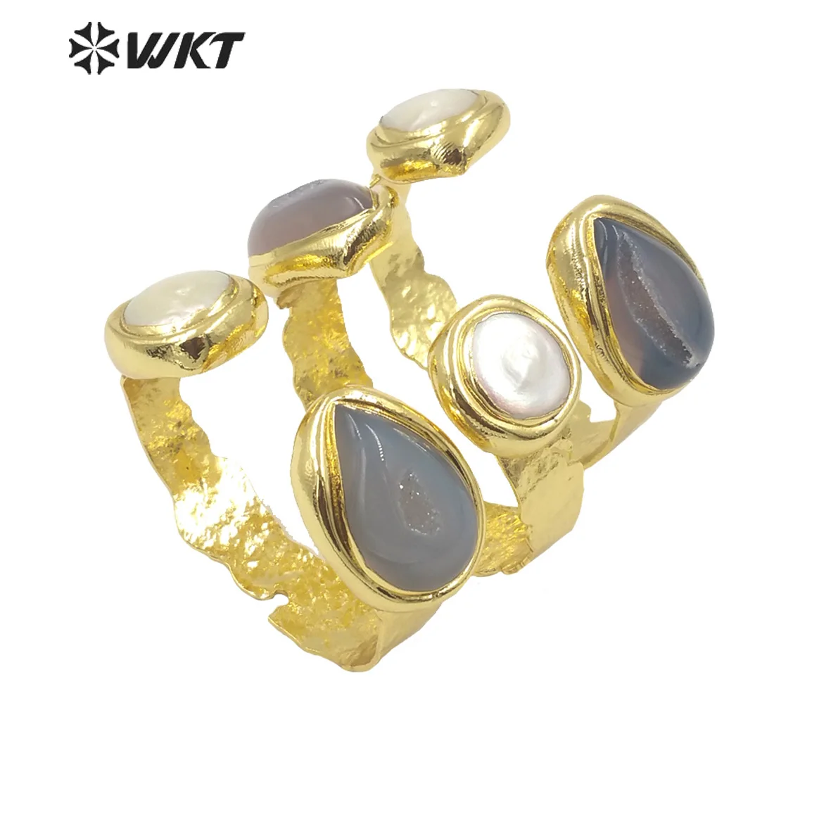 WT-B653 Wholesale New Arrival Geode Agate 18K Yellow Brass Can Be Adjustable Pearl&Stone Bangle For Friends Special Gifts