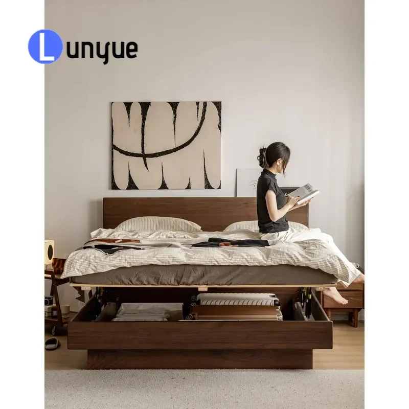 European Solid Wood Floating Bed North American Black Walnut High Box Storage Double Bed Frame Modern Bedroom Furniture