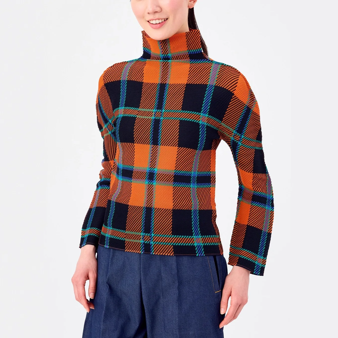 

Miyake плиссированные новинки 2025 года, осенние топы с длинными рукавами и принтом до половины высокого ворот, женская рубашка с тонким низом, полосатая дизайнерская нишевая футболка