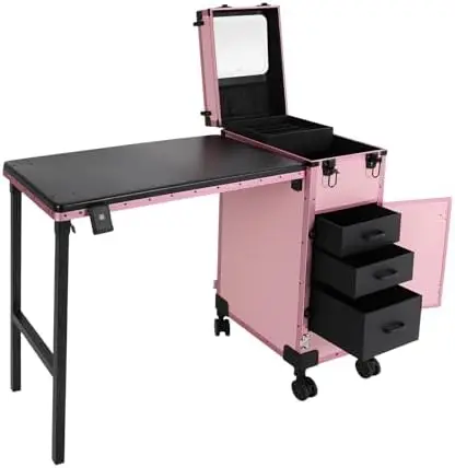 Rolling Portable Manicure Table with 3 Drawers, Lockable Cosmetic Trolley Professional Makeup Train Case with Foldable