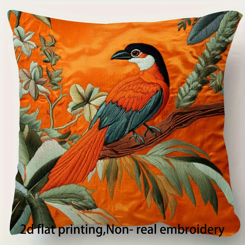 2D flat- Vintage Tropical Bird Throw Pillow Cover Orange Jungle Botanical Decorative Cushion Case for Home Living Room Bedroom
