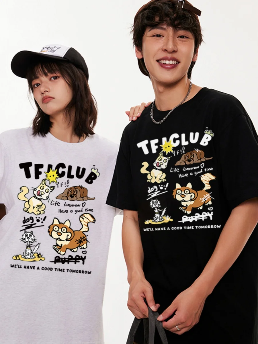 Graffiti Cat and Dog Pattern Couple T-shirt 2024 New Funny Graphic T-shirt Summer Oversized Loose Casual Short Sleeves