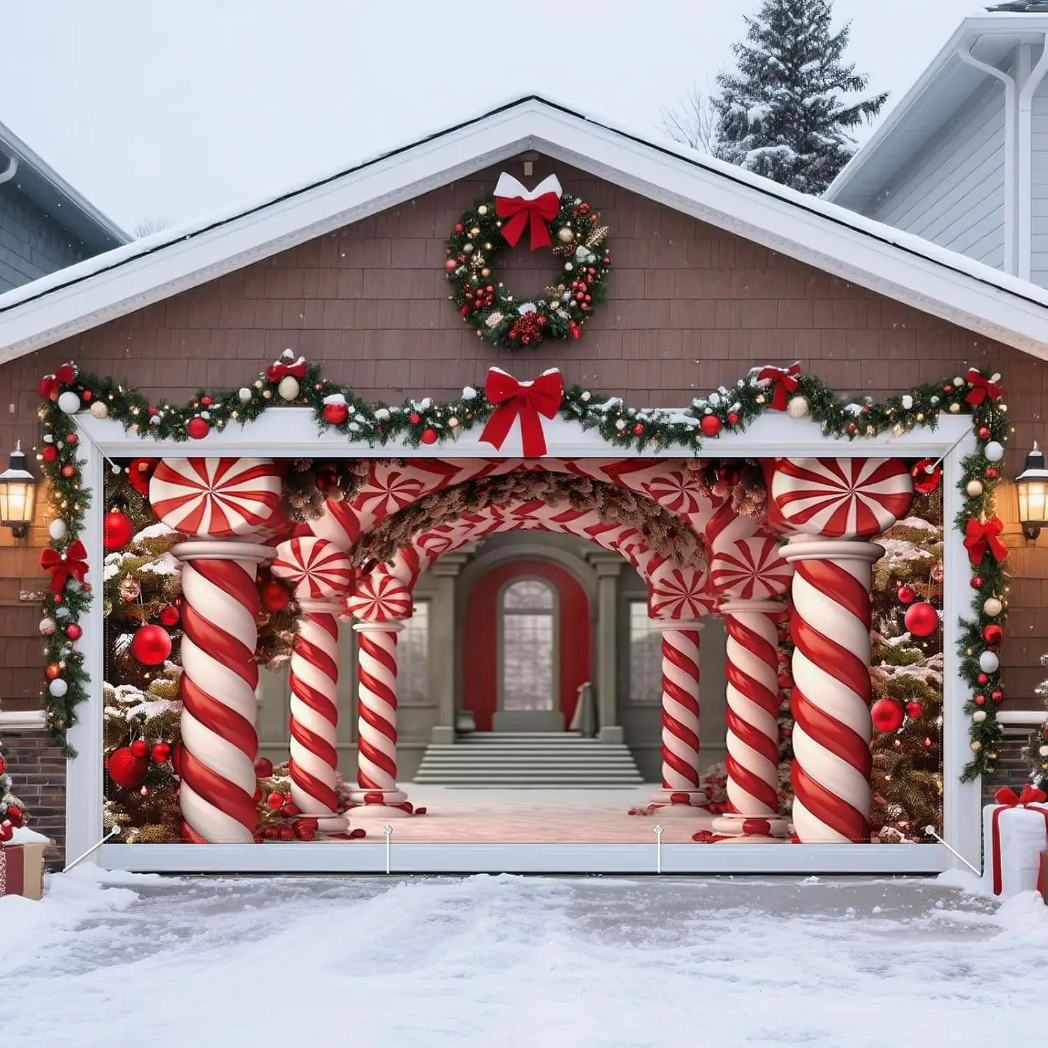 

16x7ft Candy Palace Рождественские украшения для крышек гаражных ворот, большой праздничный дверной баннер для внутреннего и наружного декора
