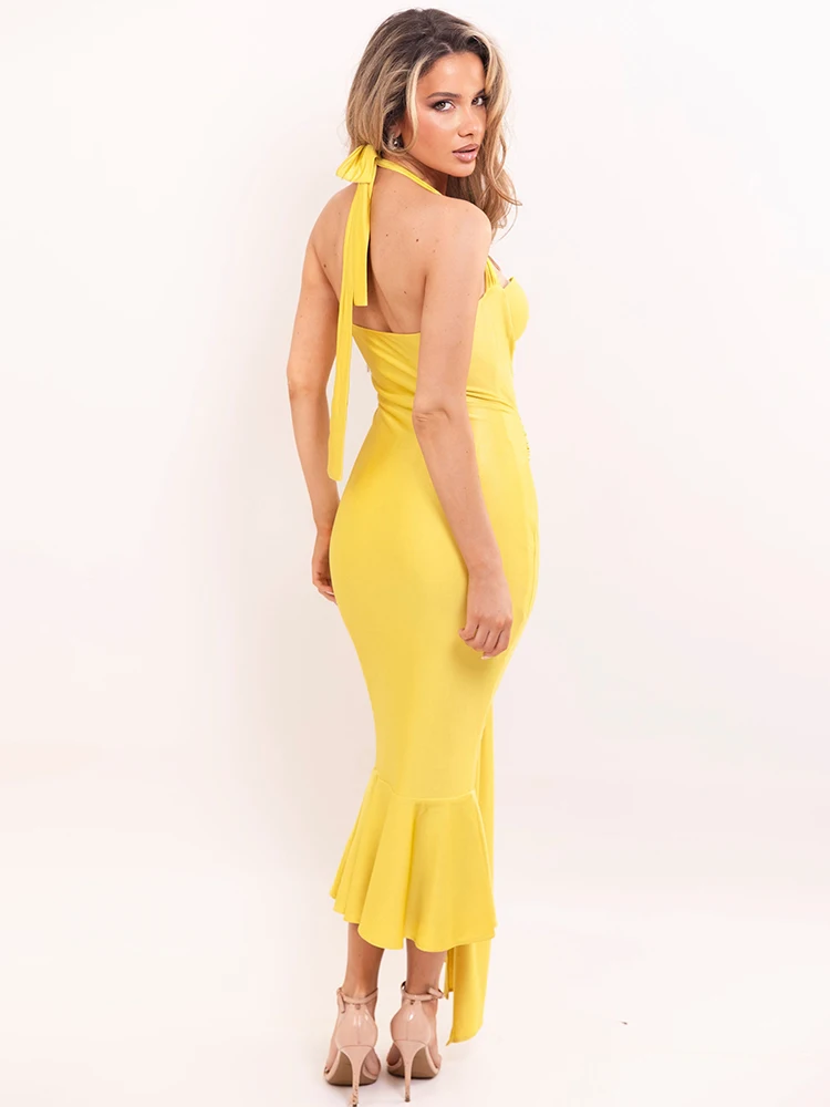 Mozision satén espalda descubierta drapeado Sexy Maxi vestido mujer moda lentejuelas Halter sin mangas acanalado ceñido al cuerpo Club vestidos largos de fiesta