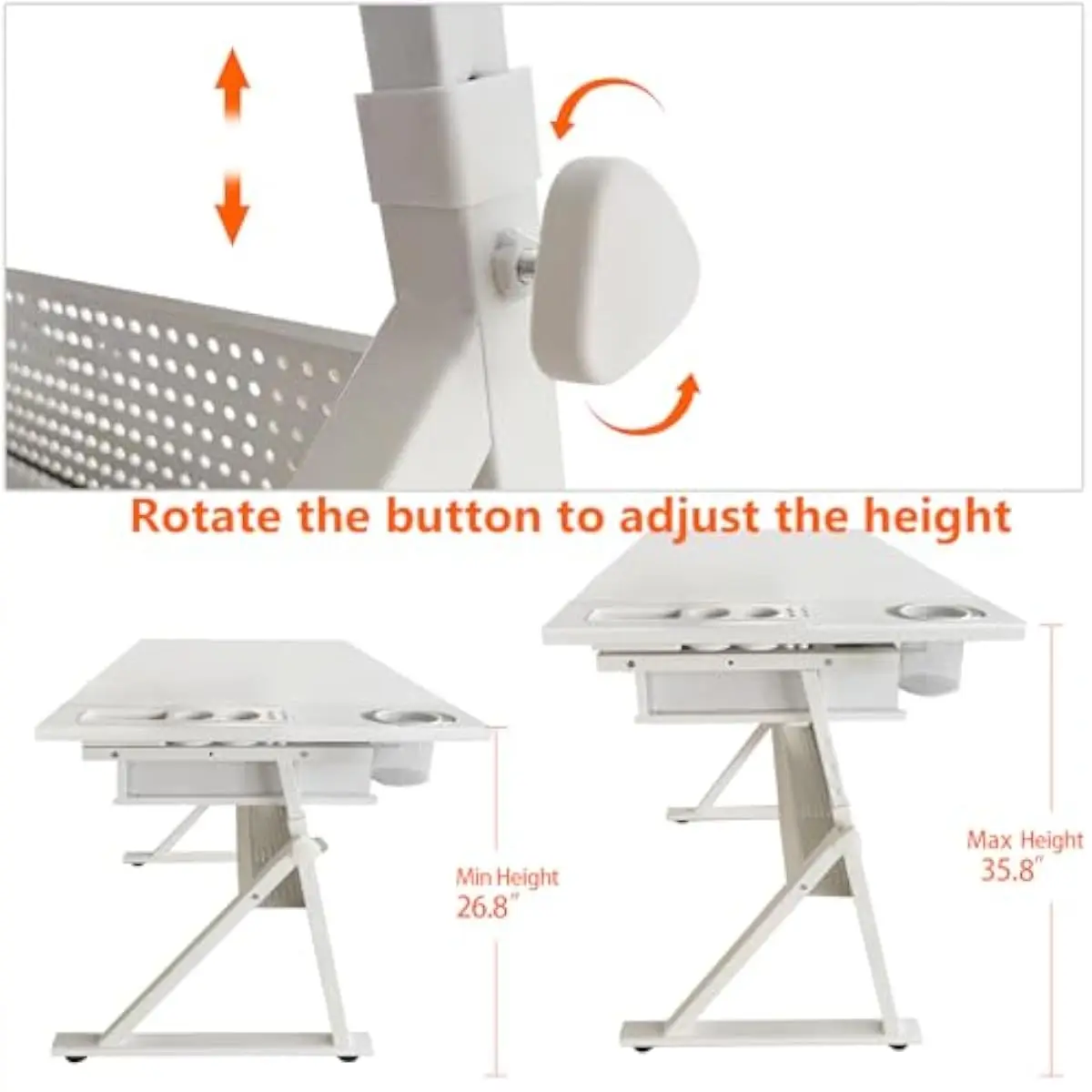 Adjustable Drafting Desk with Tilt Top 0°–75°, Height Range 26.77–35.82 Inches, Two Fabric Drawers, Matching Stool, Metal Frame,