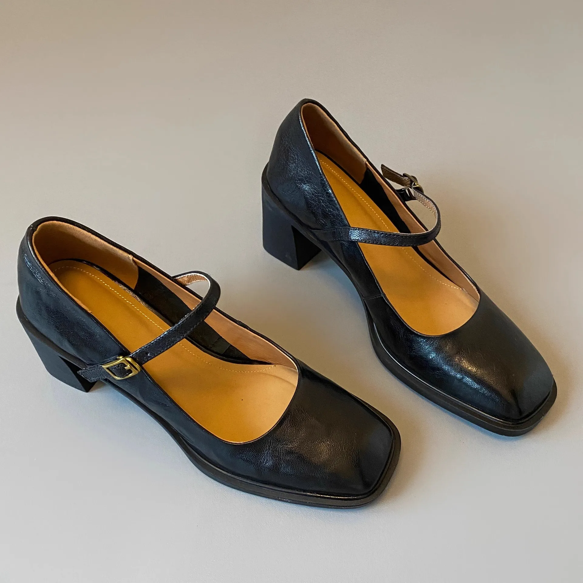 

Gorasion Women Elegant Square Toe Pumps High Heel Shallow Buckle Strap Mary Janes Female Summer Solid Cow Leather Shoes Handmade