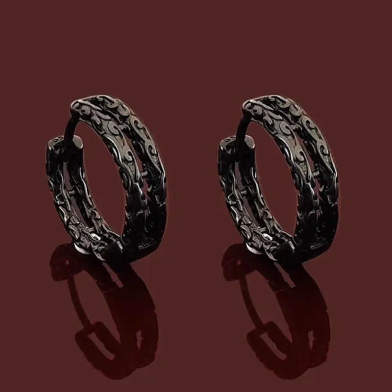 Geometric Lines Double-layer Earrings Men\'s Trendy Personality Irregular Texture 925 Silver Ear Buckle Wave Moire Black Ear Ring