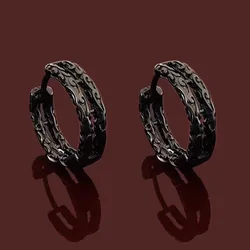 Geometric Lines Double-layer Earrings Men's Trendy Personality Irregular Texture 925 Silver Ear Buckle Wave Moire Black Ear Ring