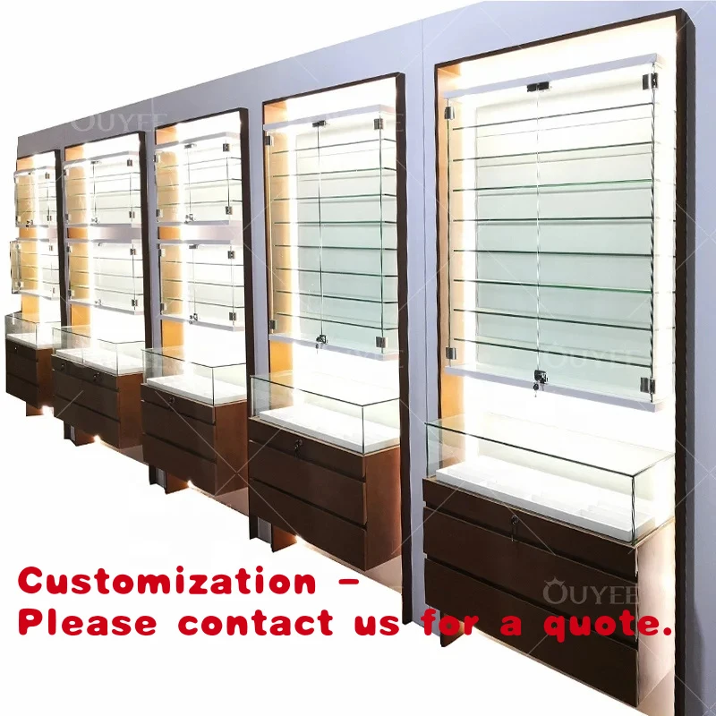 Customize.Visual Merchandising Display MDF Wood Wall Mounted Optical Display Acrylic Stand Display Rack Eyewear Showcase With Le