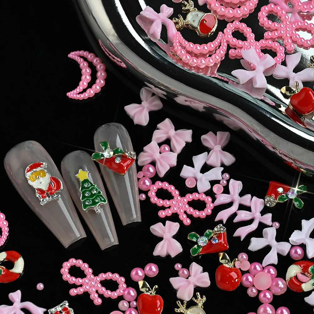 12Grids 3D Weihnachten Themed Nagel Charms Legierung Santa Claus Kranz Elch Kiefer Harz Bogen Nail art Dekorationen DIY Weihnachten maniküre Dekor