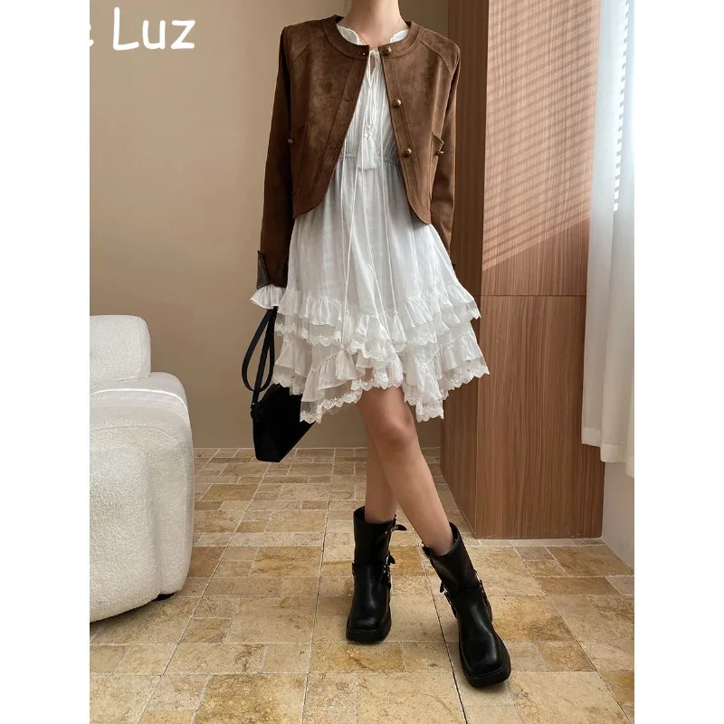 Estilo francês vintage mini vestido feminino branco primavera outono férias borlas gravata irregular manga longa em camadas casual senhoras vestido