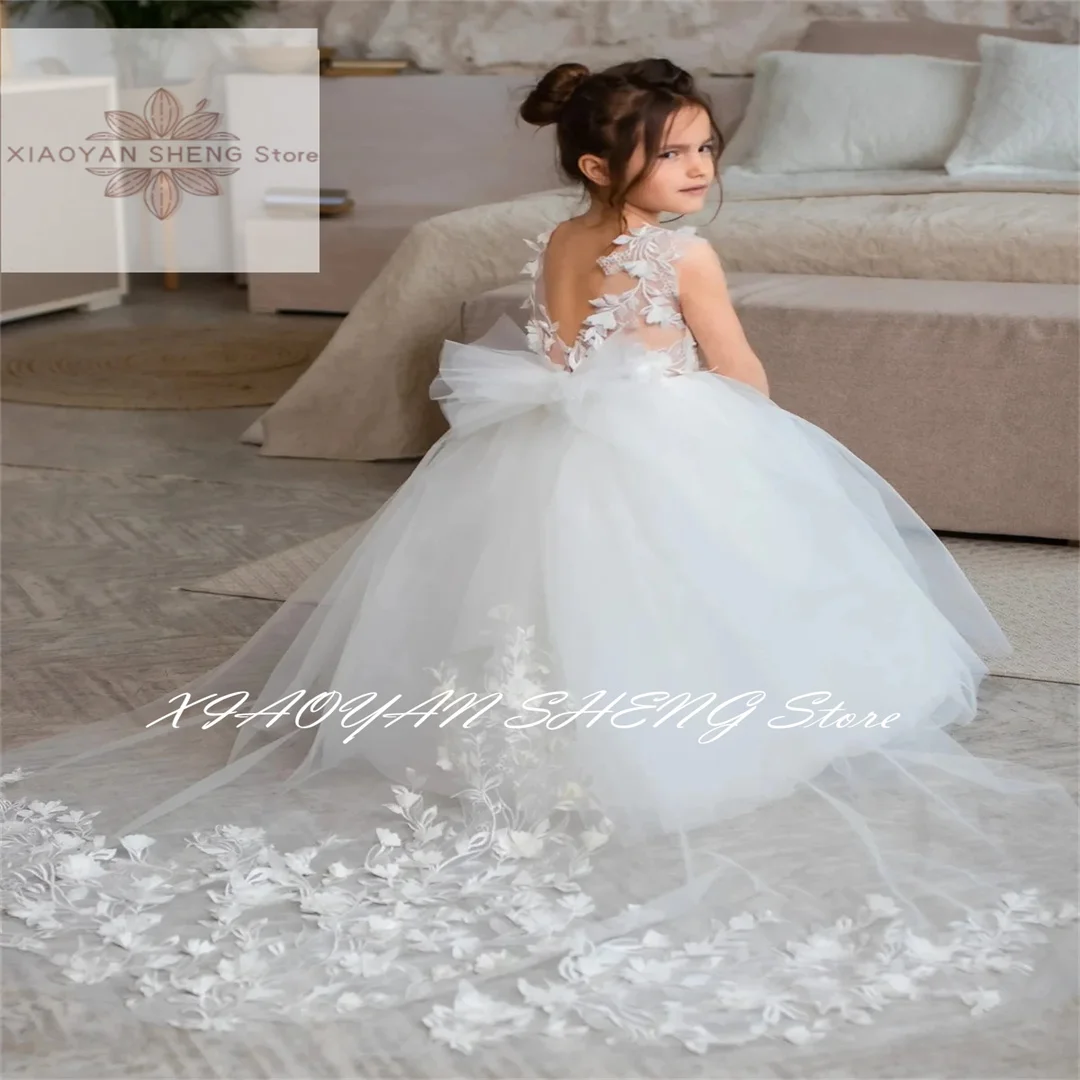 Flower Girl Dress Lace Ivory White Detachable Tail Fluffy Tulle Wedding Cute Children First Communion Birthday Dress Ball Gowns