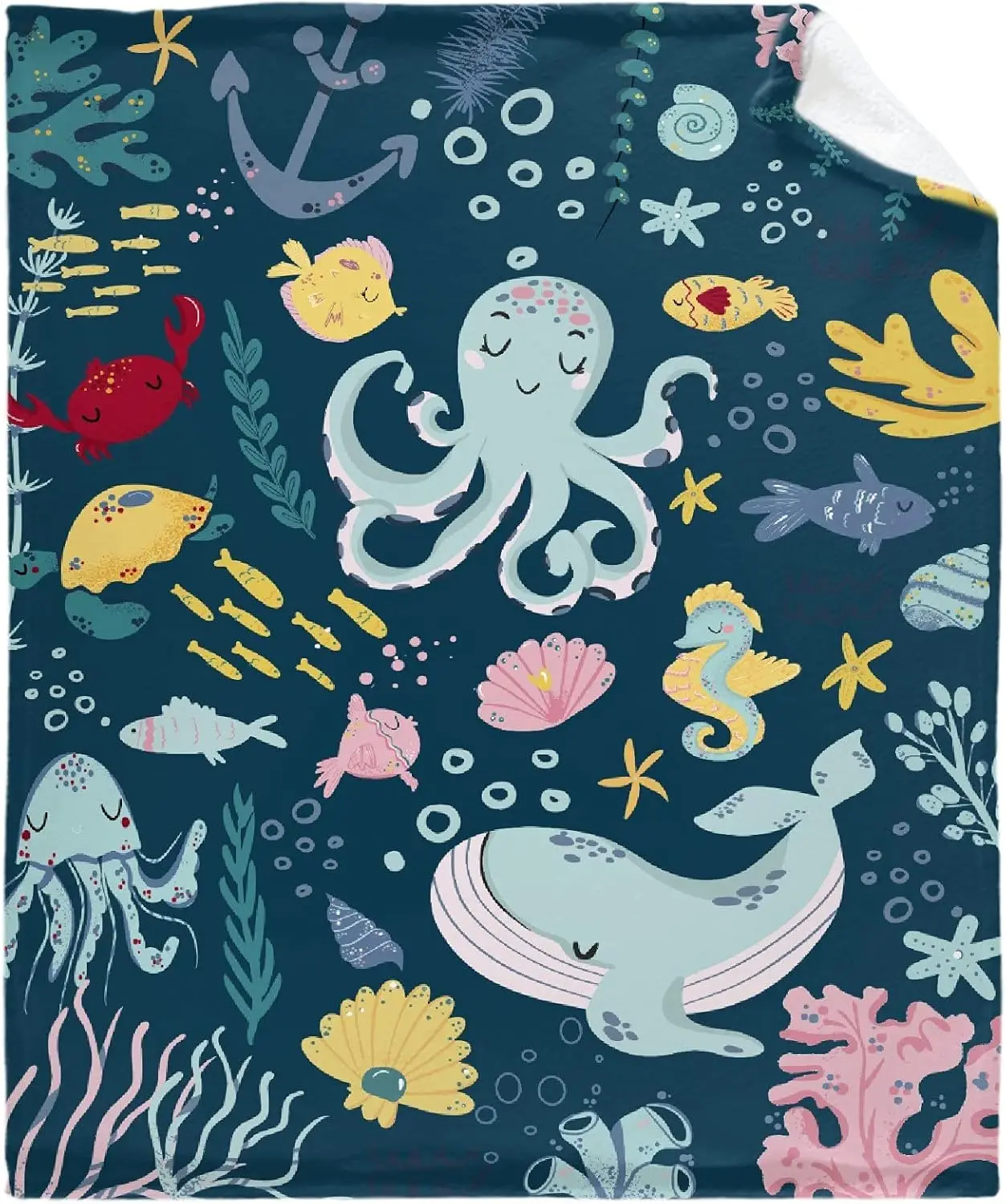 Cute Blue Sea Creatures Octopus Whale Flannel Blanket for Autumn Winter Gifts Warm Cozy Soft Funny Print Throw for Bed Couch