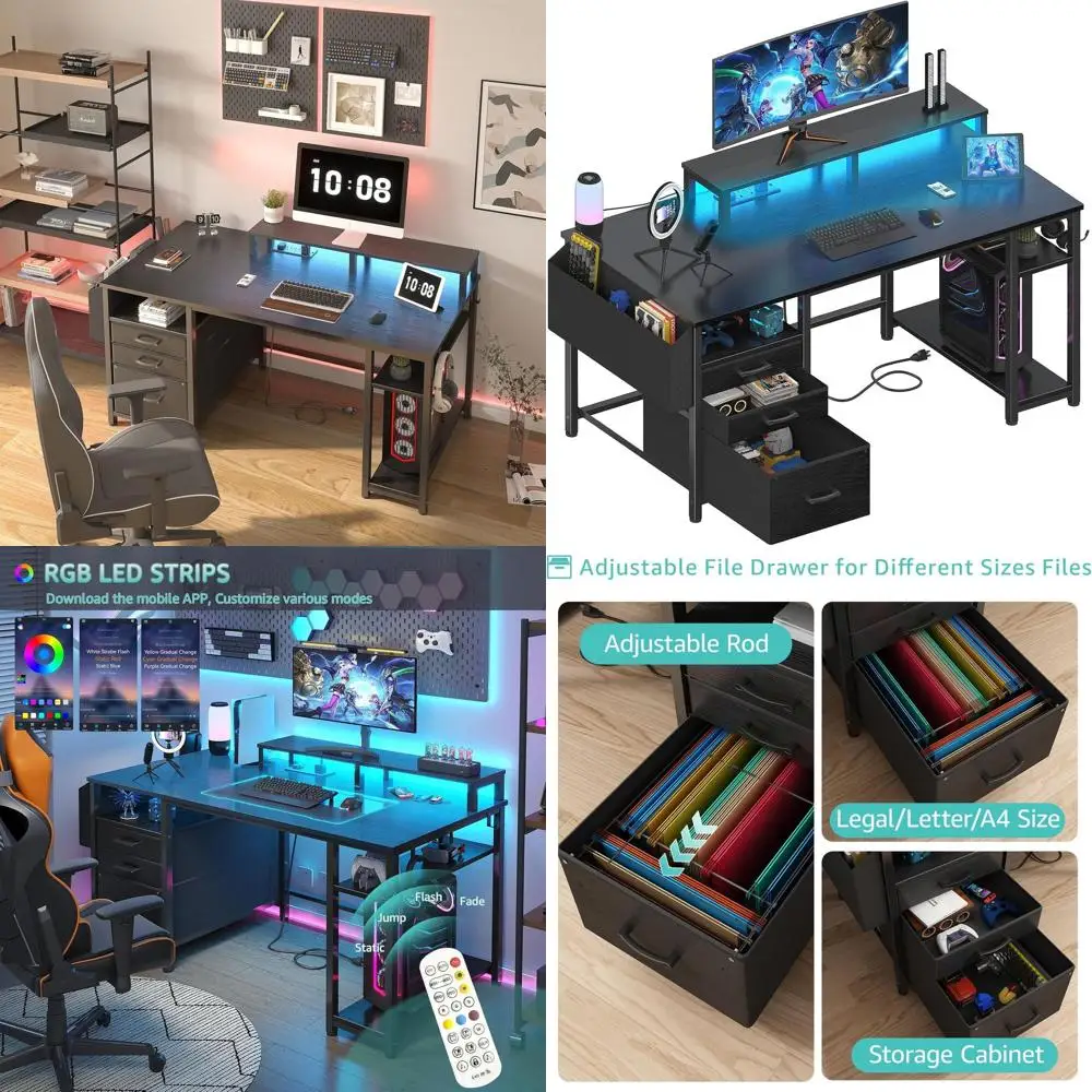 مكتب ألعاب 55 مضاء بإضاءة LED مع منافذ طاقة وأدراج ملفات وحامل شاشة باللون الأسود للمكتب المنزلي