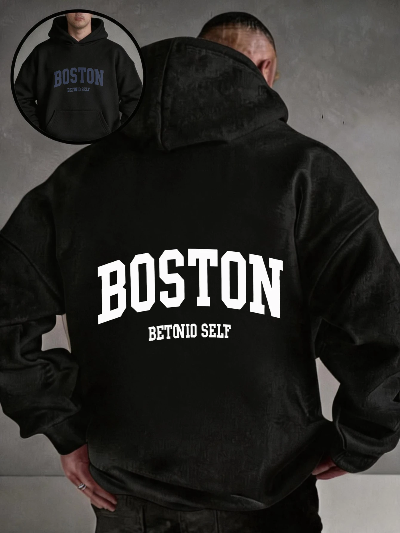 Oversized colorful hoodie, streetwear-style pullover, Boston Betonio back-print design, unisex casual wear, plus size.