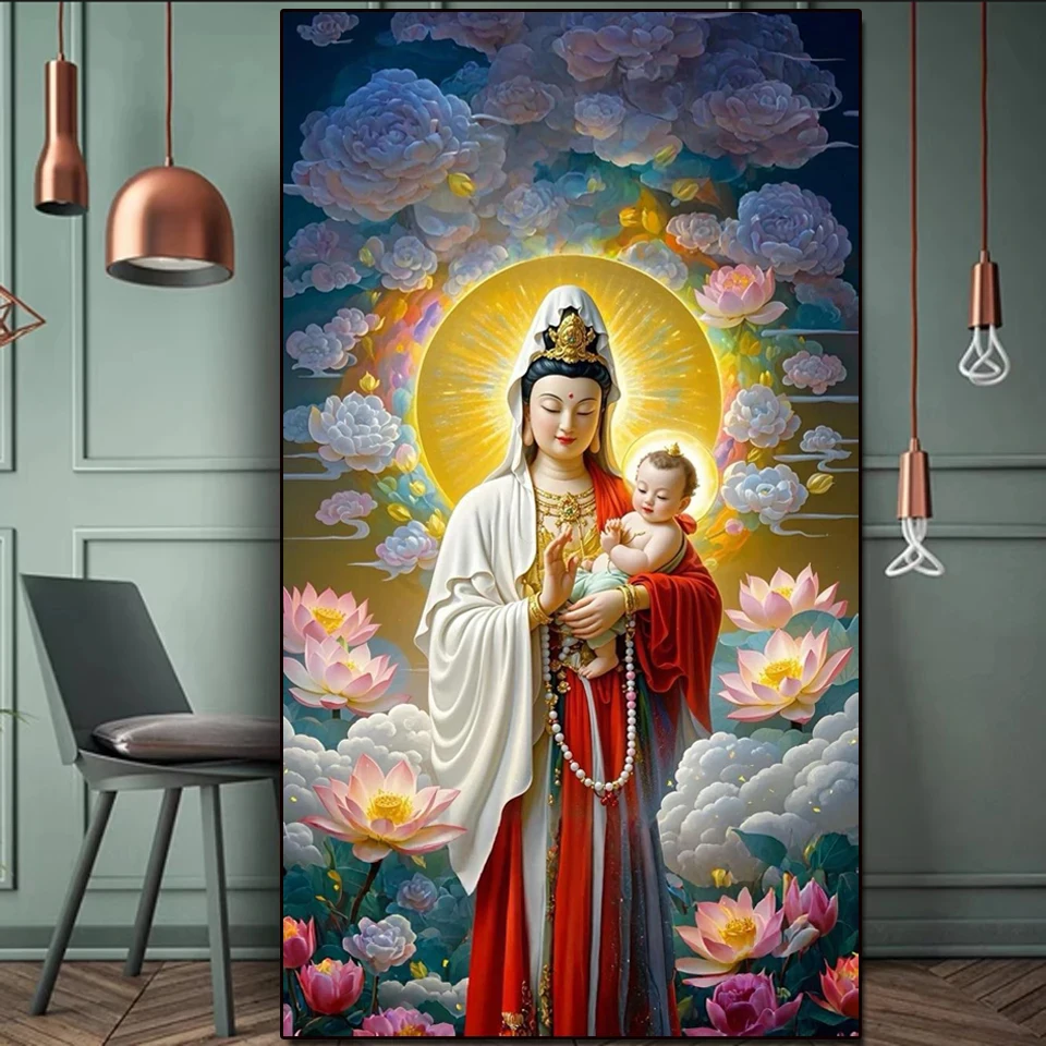 

DIY 5D полная алмазная живопись, вышивка крестиком, лотос, детская вышивка Гуаньинь, алмазная вышивка, буддийские узоры, наборы стразов