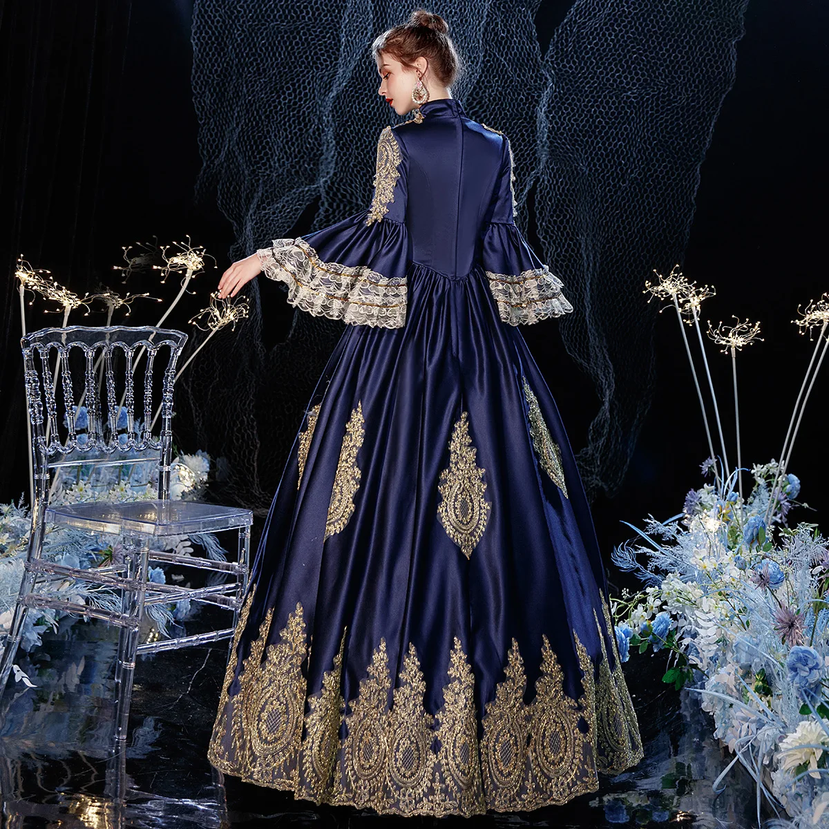 Abito da corte retrò medievale blu navy Fotografo femminile aristocratico Regina femminile Inghilterra Cena di lusso Vestido Festa Luxuoso