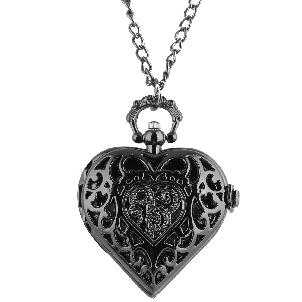 Vintage Black Love Heart Shaped Necklace Pocket Watch Women Quartz Movement Fashion Retro Pendant Chain Pocket Clock P76 P76