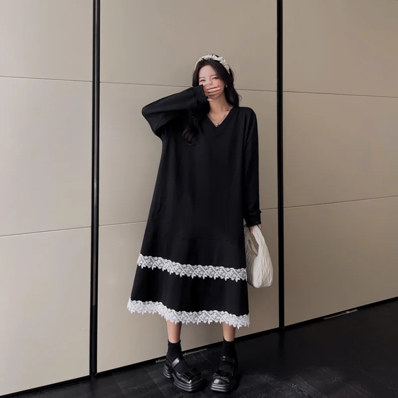 New 2023 Autumn Winter Loose Women's Dresses Plus Size 4XL Patchwork Lace V-Neck Female Robe Long Sleeve T-Shirts Vestido KE3653