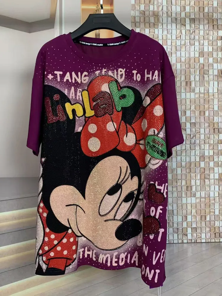 Age-Reducing Oversized Short Sleeves T-shirt Top Autumn Winter New Fashion Heavy Industry Full Diamond Cartoon Mid-Length Tees