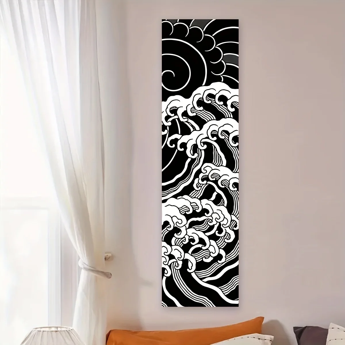VIKAMA Great Wave Tapestry Black White - Japanese Kanagawa Wall Hanging, Ukiyo-e Art Scroll, Minimalist Zen Decor for Office