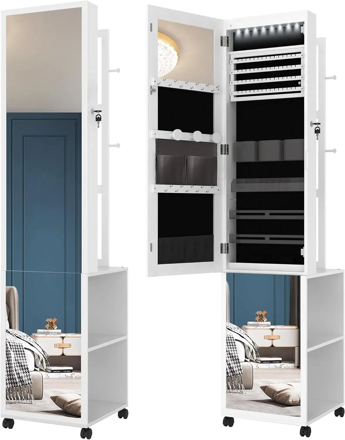 Armoire à bijoux verrouillable, miroir pleine longueur avec 4 roues, armoire, évalué avec 1 vêtement T1, 64.8 po, 8 gible