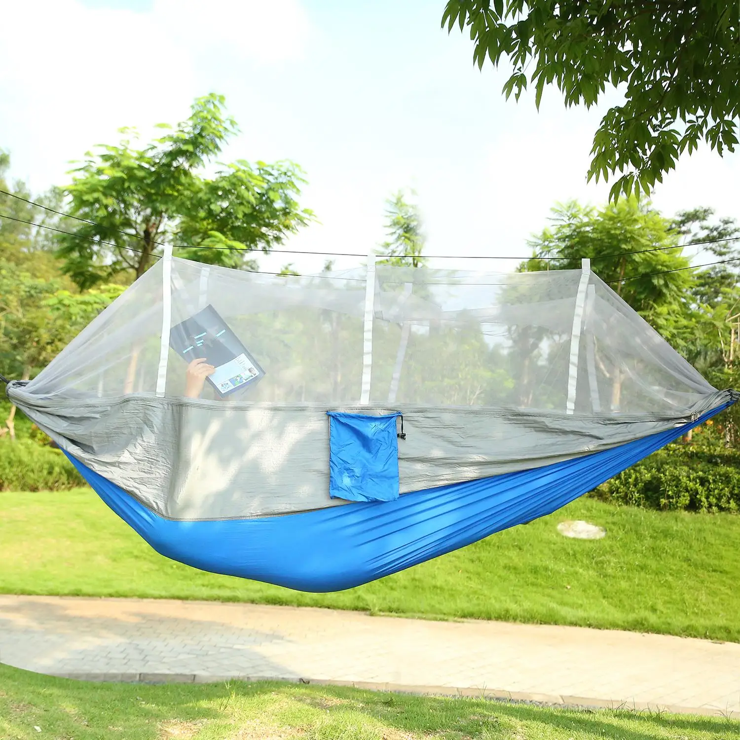 Portable Double Camping Hammock with Mosquito Net - 600lbs Capacity for 2, Outdoor Nylon Swing with Strap & Carry Bag