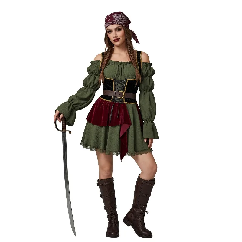 Women Pirate Cosplay Costume Off‑Shoulder Ruffle Sleeve Dress with Bandana for Halloween Theme Party Fancy Role Play Outfit