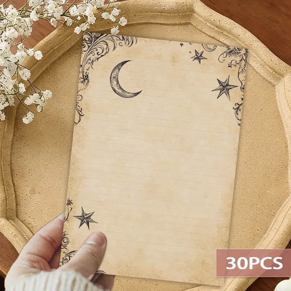 30 Sheets Of Gothic Star And Moon Themed Writing Paper, Lined, Adhesive-free, Ideal For Notebooks, Memos, And Stickers