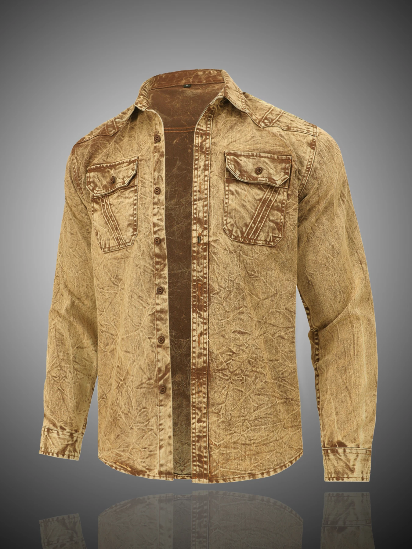 

Мужская джинсовая рубашка в стиле ретро, с длинными рукавами, модный новый стиль, повседневное пальто, элитный смысл, двойные карманы, стираная джинсовая рубашка, l