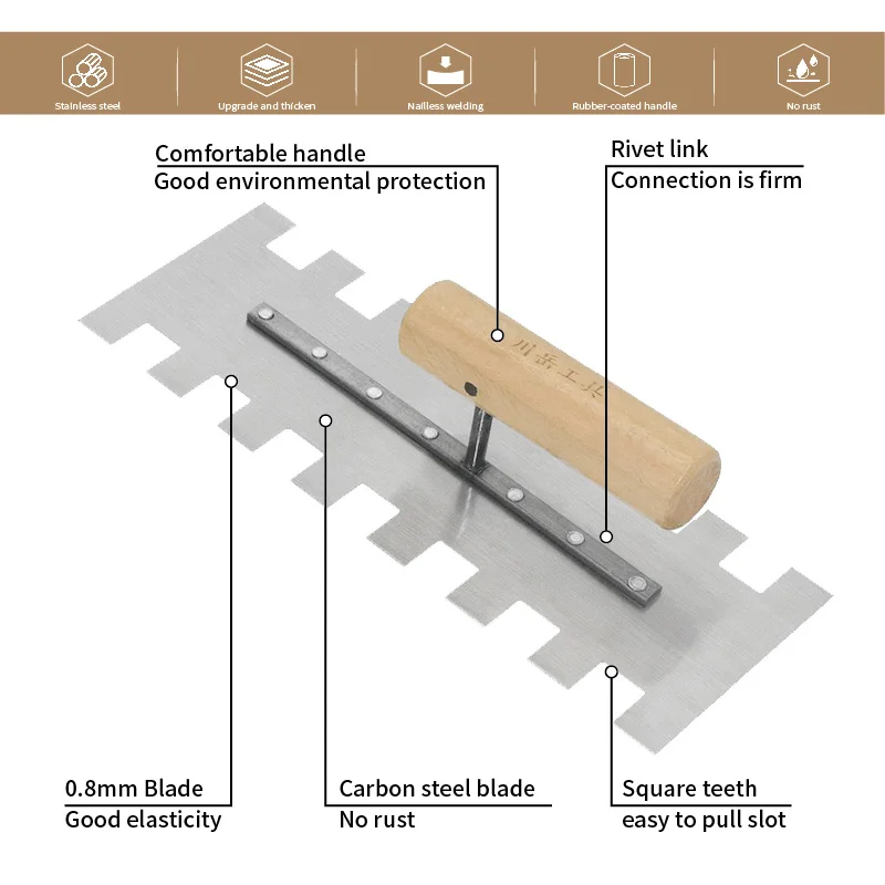 친환경 나무 손잡이 사각 노치 벽돌 흙손, 탄소강 블레이드, 벽 바닥 타일 설치용 타일 흙손, 30cm