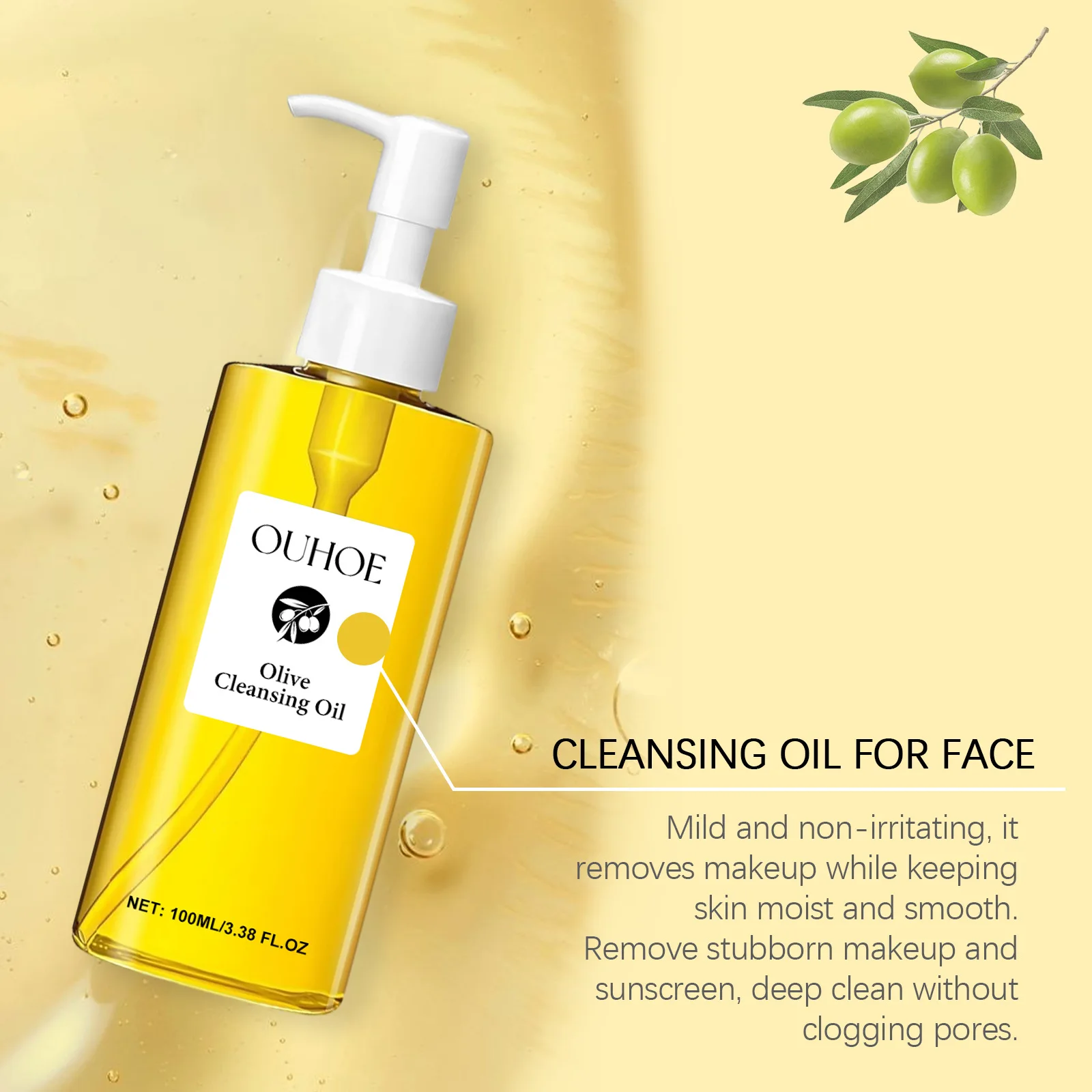 OUHOE Gentle Olive Cleansing Oil, Nourishing & Moisturizing, Effectively Removes Makeup & Impurities, For Face & Lips