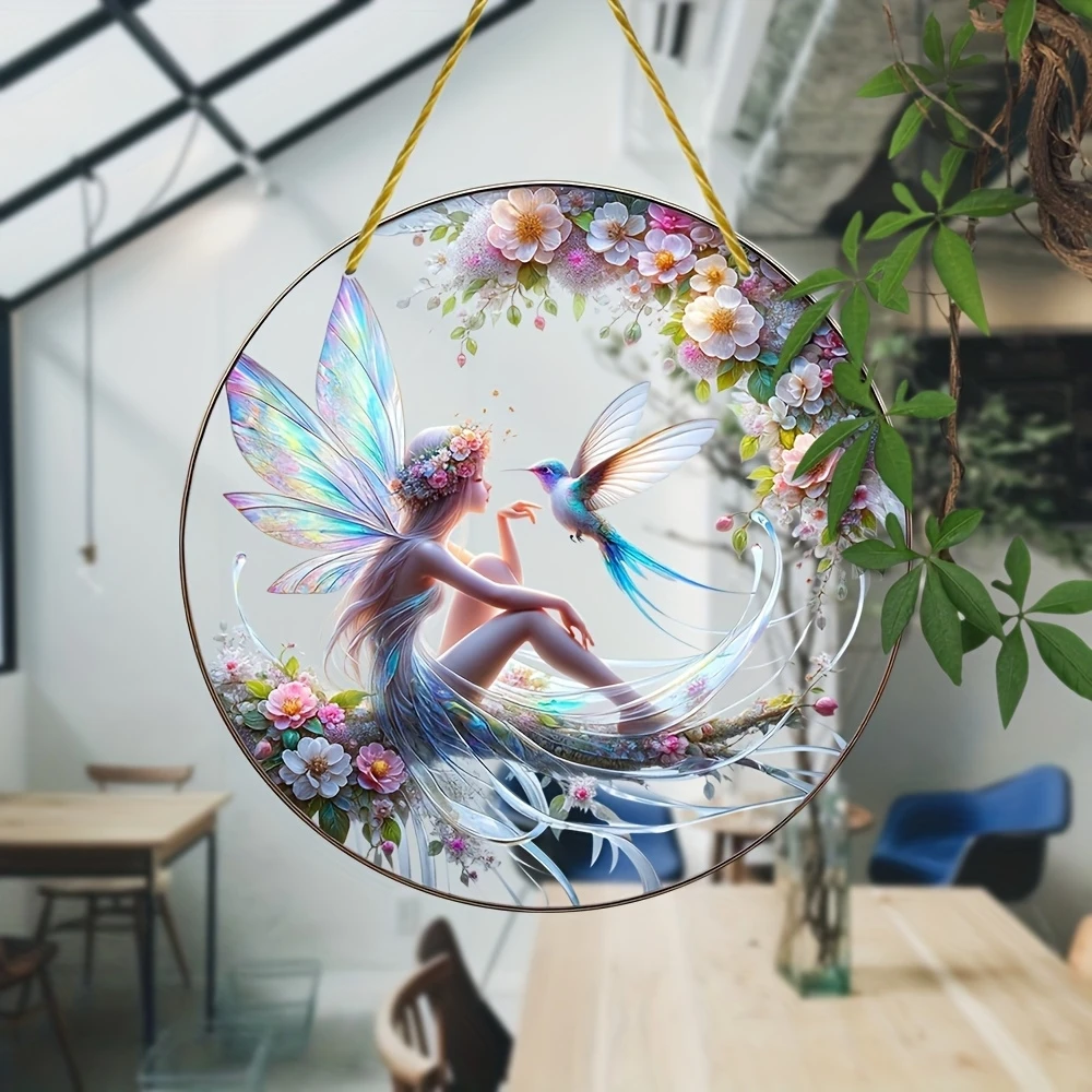 Round Fairy Angel 8in Acrylic Hanging Light Trap Garden Sign Farmhouse Bedroom Home Wall Door and Window Decoration Photo Prop