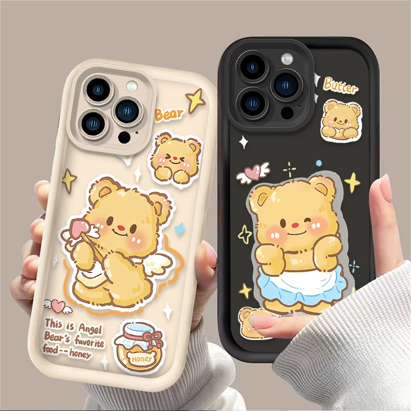 Lovely Butter Bear Case For iPhone 16 15 14 13 12 11 Pro Max X XS X S Max XR SE 2020 7 8 Plus Shockproof Silicone Printing Cover