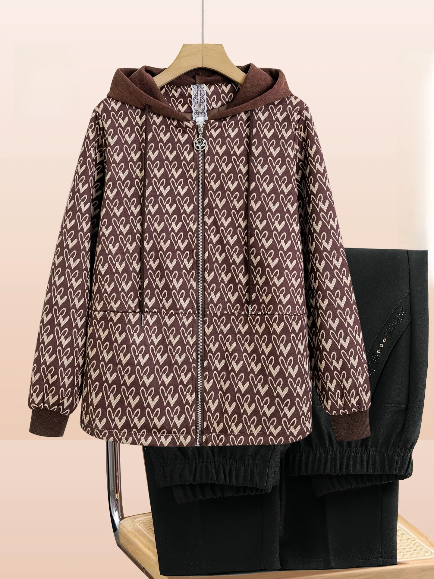 

Chic Hooded Jaet Anti-Aging Faionable Women's Clothing for Middle-Aged Mothers Spring Autumn New Sle Long Pants Zipper