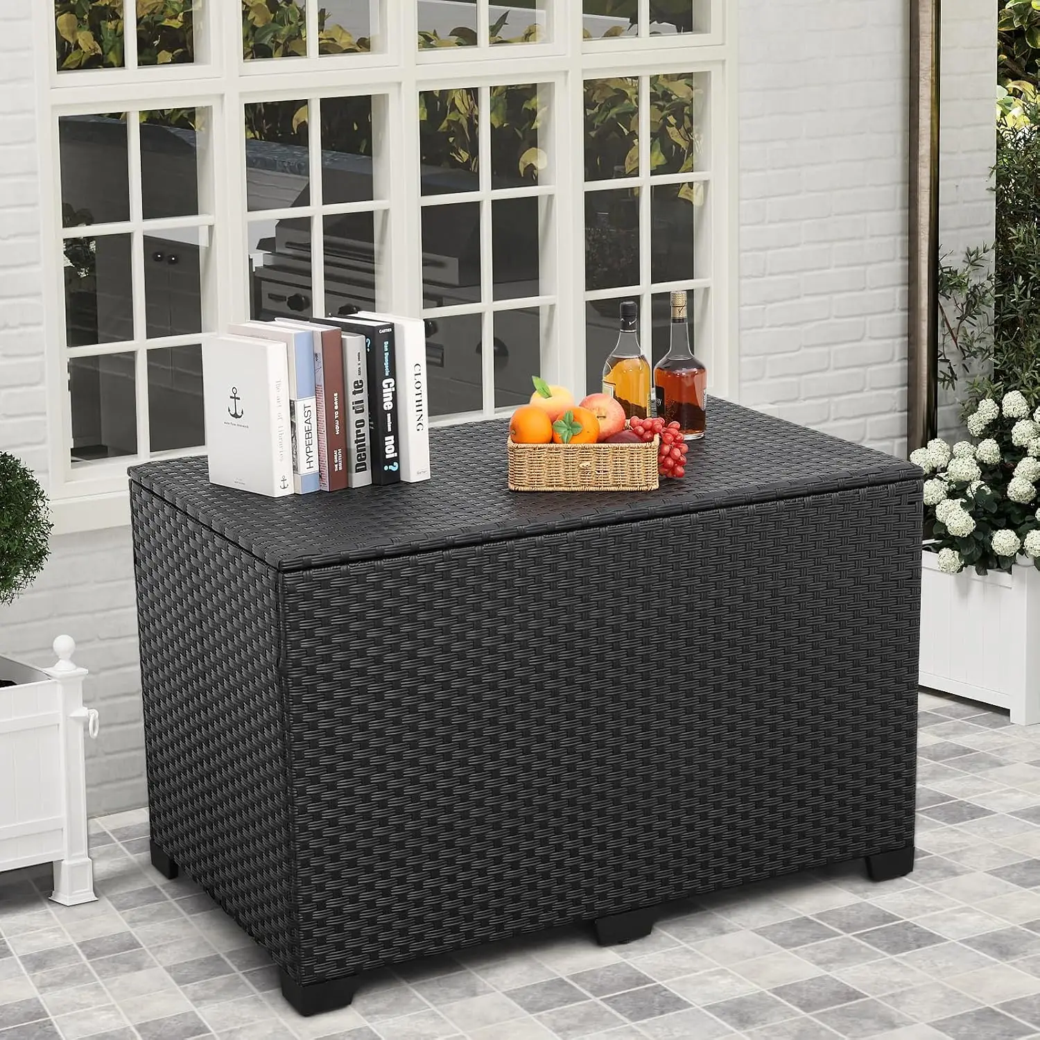 Outdoor Wicker Storage Box, Big Size,Resin Black Rattan Deck Bin with Lid,150 Gallon,Water-resistant Liner Container for Patio