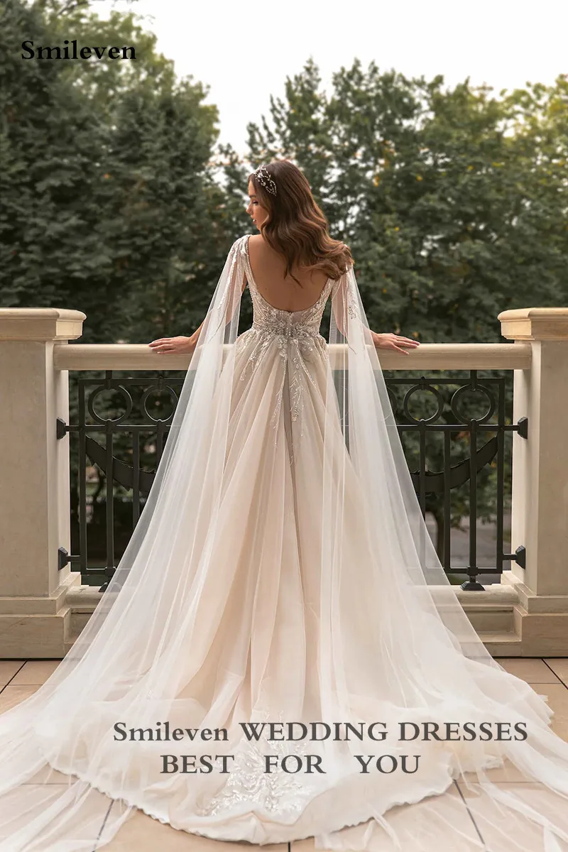 Smileven-Robe de mariée champagne avec châle, ligne A, col en V, dentelle, patients, quel que soit le côté, fendue, dos nu, robe de mariée