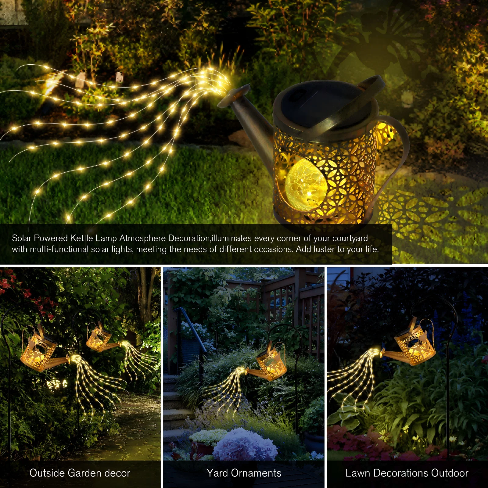 Vintage Metal Outdoor Solar Hanging Kettle Lamp – Waterproof Warm Light, Angel & Fairy Lights for Villa Yard Garden Decoration