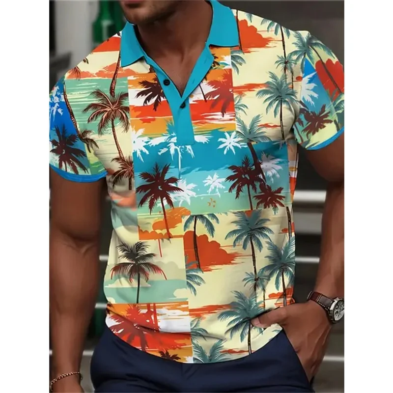 Camisa polo de coqueiro impressa em 3d para homens, camisetas com estampa de flores abstratas, verão, lapela solta, botão superior, manga curta