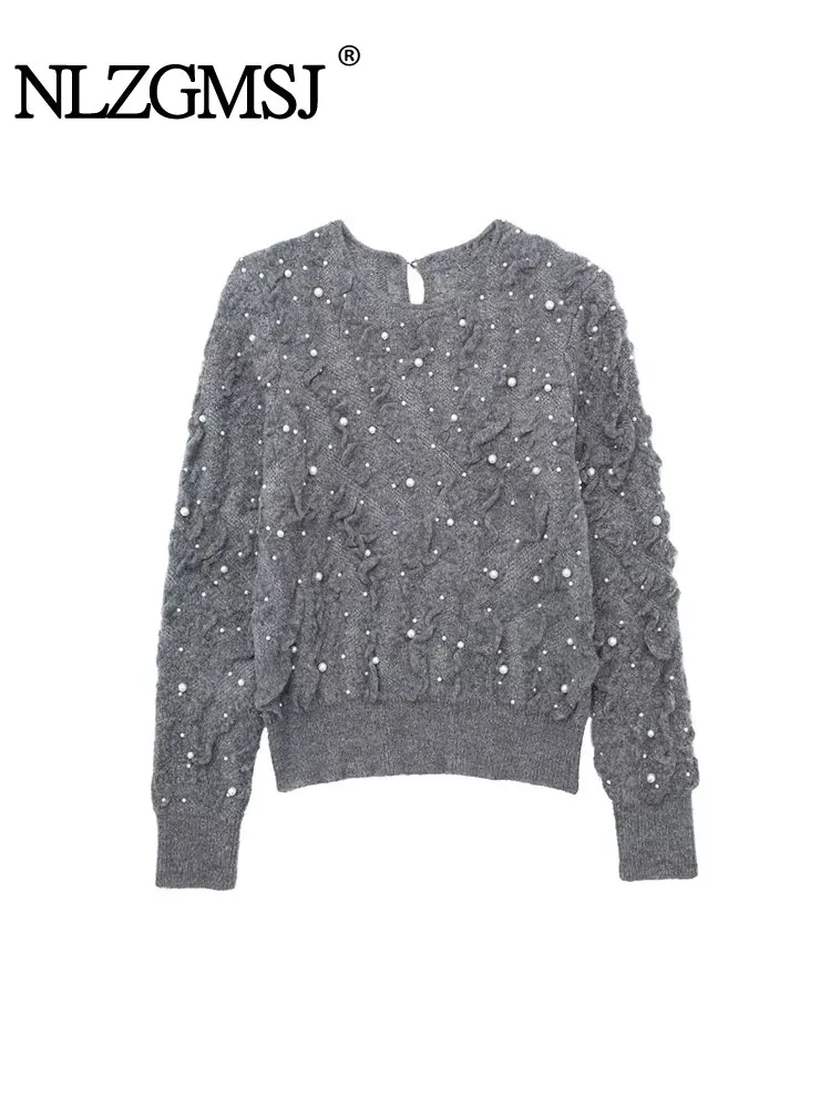 Traf 2024 Herbst Winter Frauen künstliche Perle strukturierte Strick pullover Mode Langarm Vintage kausalen Pullover lose Tops