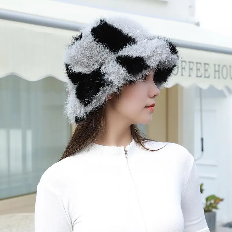 2024 luxus Flauschigen Faux Pelz Eimer Hut Frauen Imitation Pelz Warme Kaninchen Pelz Kappe Russische Frauen Panama Fischer Hut Bob Großhandel – Detail 11