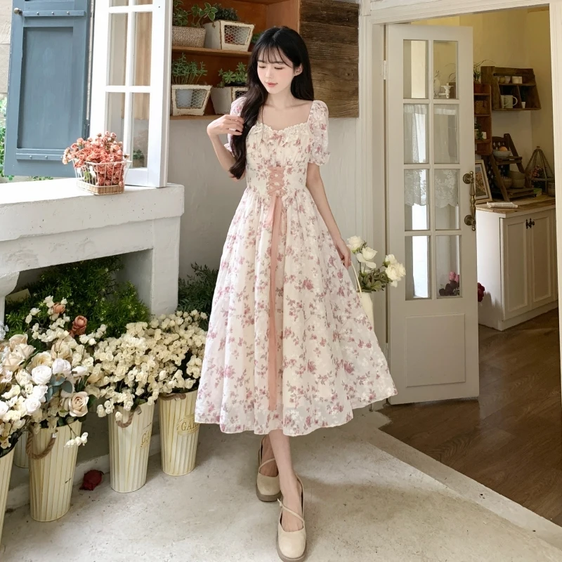 Korean Fashion Summer 2023 Chiffon Lace Fairy Dress Retro Square Neck Crushed Flowers Princess Sleeve High Waist Sweet Dress